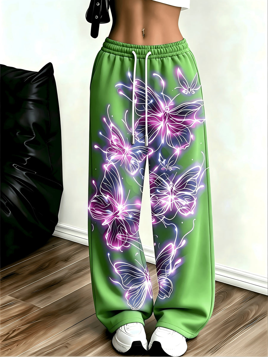 Women's Neon Butterfly Glow-in-the-dark Pattern Jogging Pants with Pockets, Elastic Waistband, and Straight-leg Design - Green