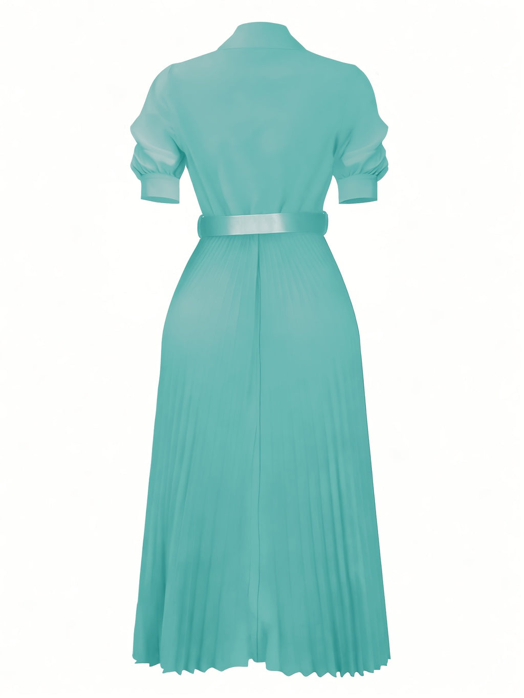 Summer Women'S Dress with Lapel V-Neck Puff Sleeves And Waist Cincher Pleated Maxi Skirt - Ocean Green