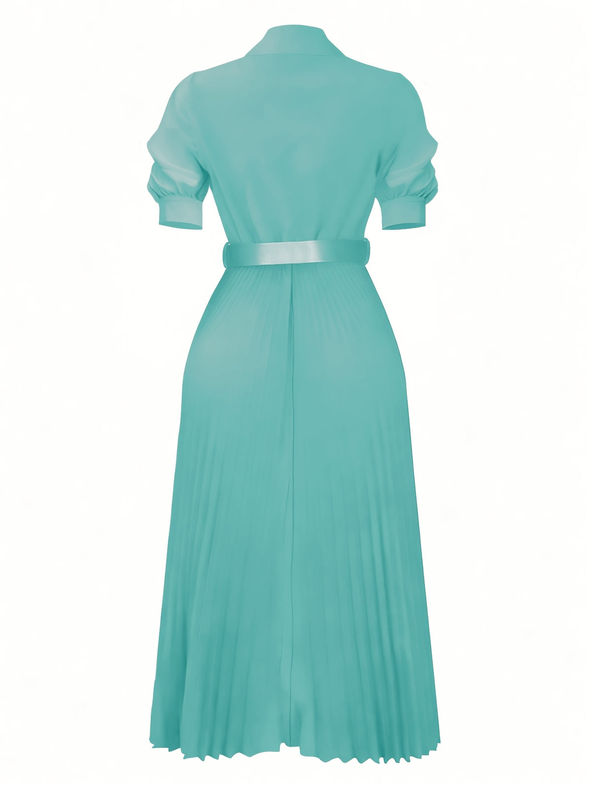 Summer Women'S Dress with Lapel V-Neck Puff Sleeves And Waist Cincher Pleated Maxi Skirt - Ocean Green