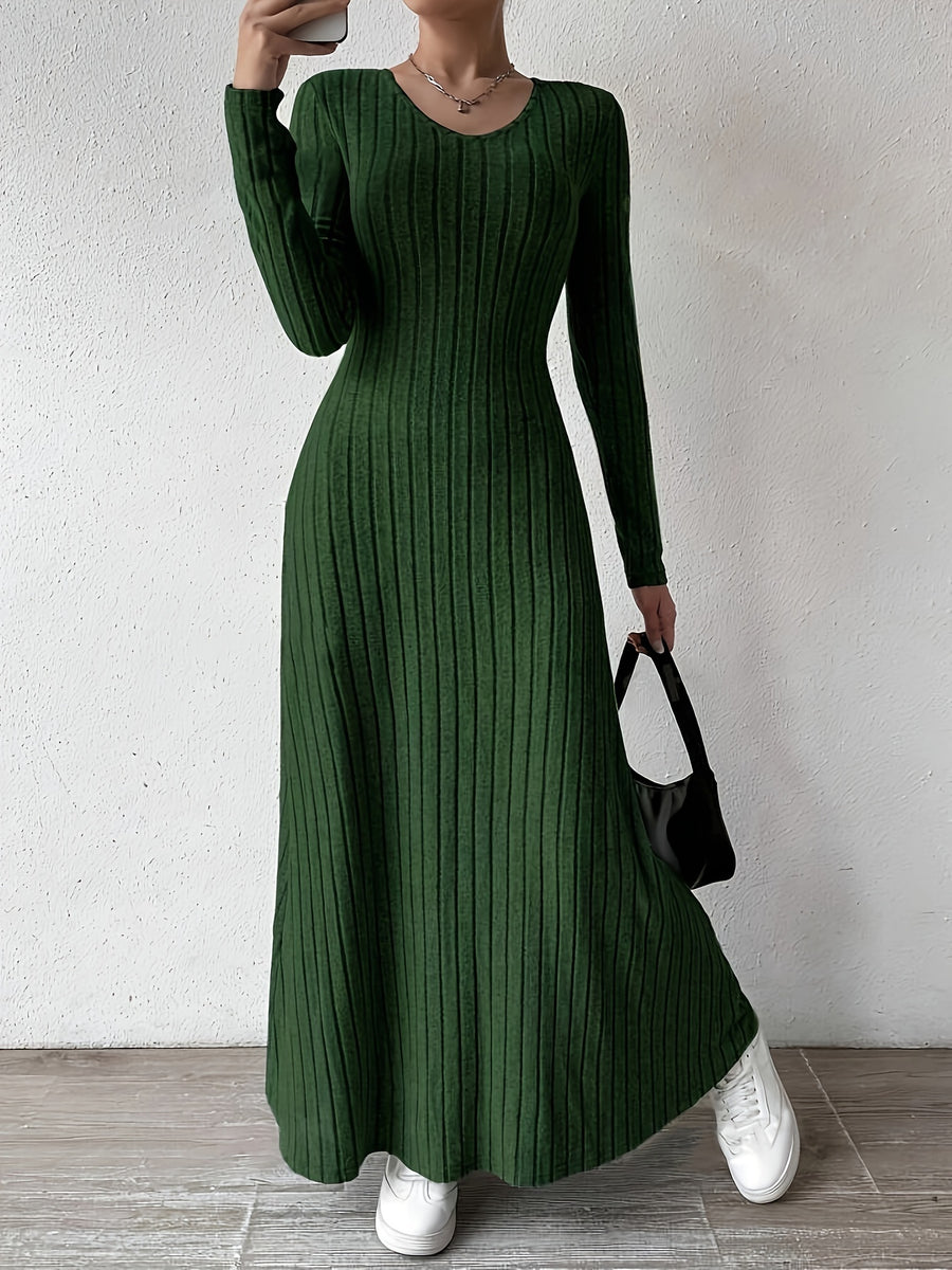 Women's Elegant V-Neck Long Sleeve A-Line Dress - Solid Color Machine Washable Fall Dress with Flattering Silhouette, Versatile for Casual & Formal Occasions, Long Sleeve Maxi Dress, Comfortable Fit - Dark Green