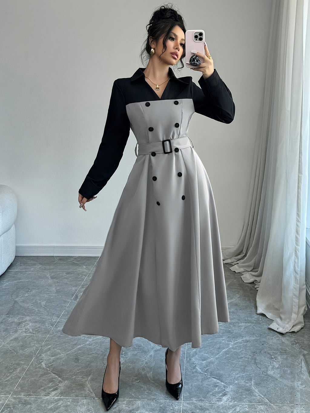 Fashionable Versatile Elegant Commute V-Neck Patchwork Contrast Solid Long Sleeve Waist-Cinching Belt Dress - Silvery Grey