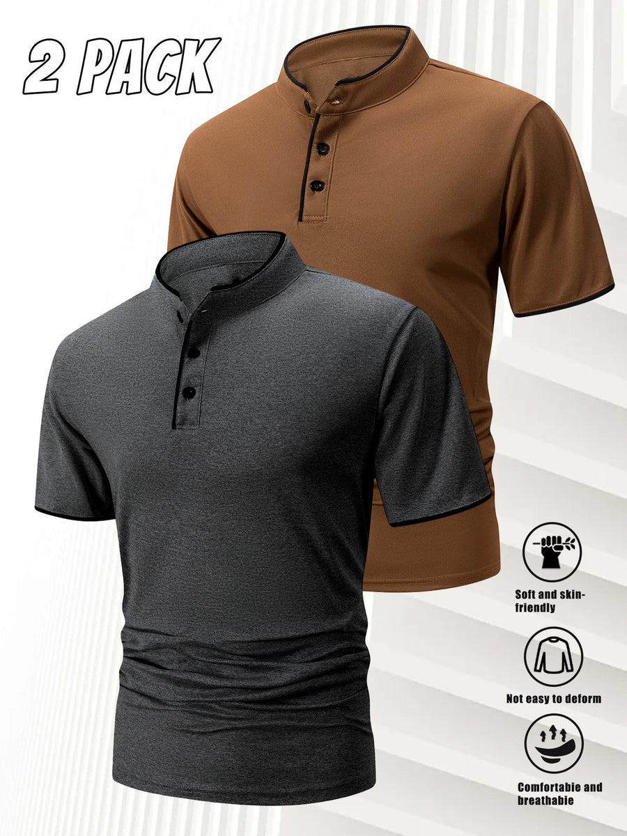 2-Pc Men'S Summer Short-Sleeve Polo Shirts, Multi-Pc T-Shirts Knit Breathable Quick-Dry, Solid Color Regular Fit Anti-Pilling, Polo Collar with Buttons, Outdoor Sports Golf - Dark Grey+Brown