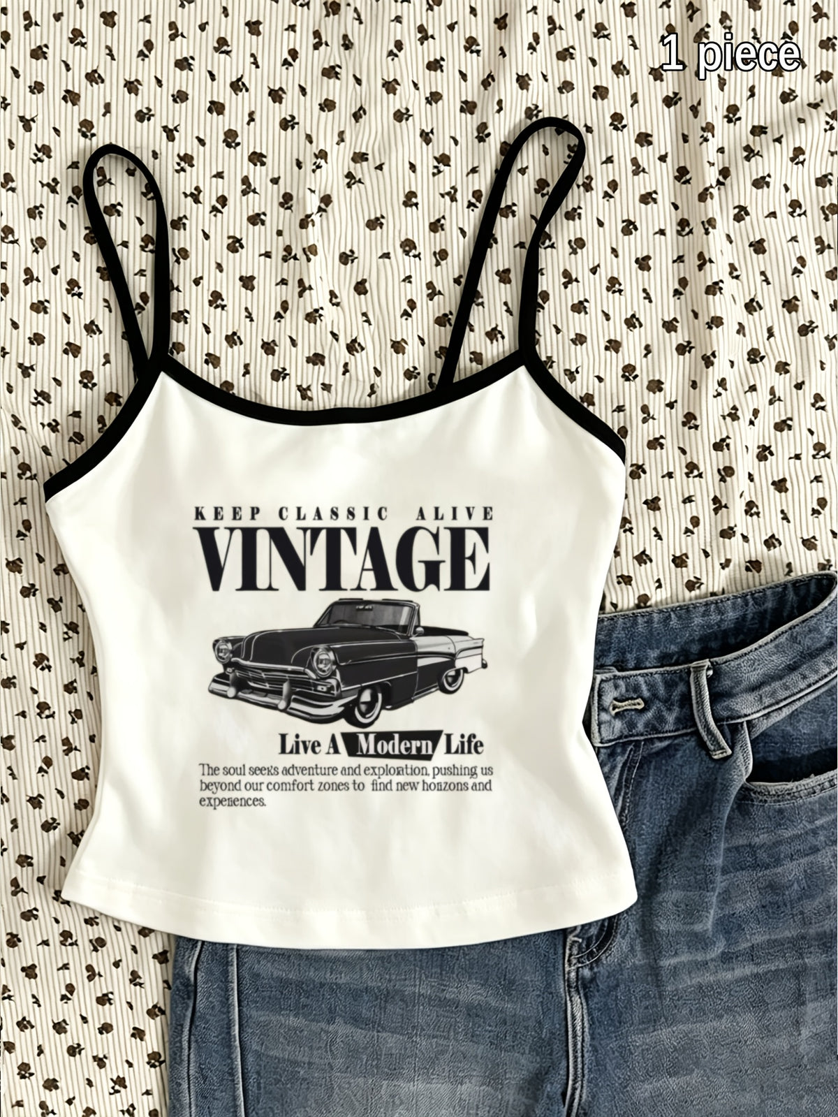 Retro Car Patchwork Camisole KEEP CLASSIC ALIVE VINTAGE Live a Modern Life Multi-Line English Vintage Convertible Car Short Sentence Text Combination Printed Pattern Mini Camisole Short Distance Travel Cafe Shopping Commuting Wear Spring Summer New - White And Black