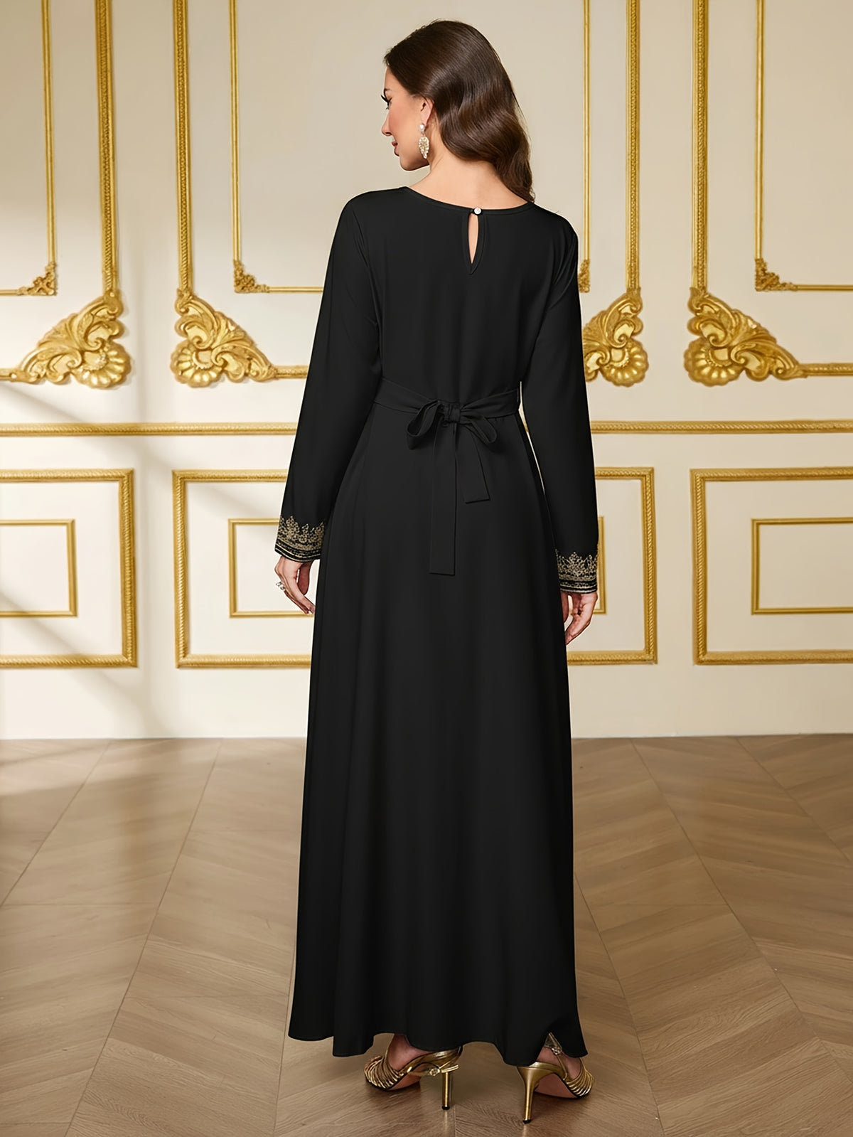 Ramadan Limited Edition Apparel, Vintage Black Base Gilded Embroidered Trim Robe, Lace-Up Waist Style Women'S Dress - Black