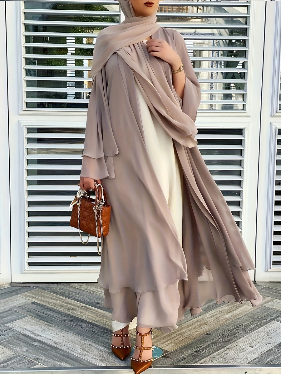 Ramadan Islamic Modest Dress Without Hijab, Long Sleeve Open Front Casual Modest Muslim Dress, Women's Clothing - Khaki
