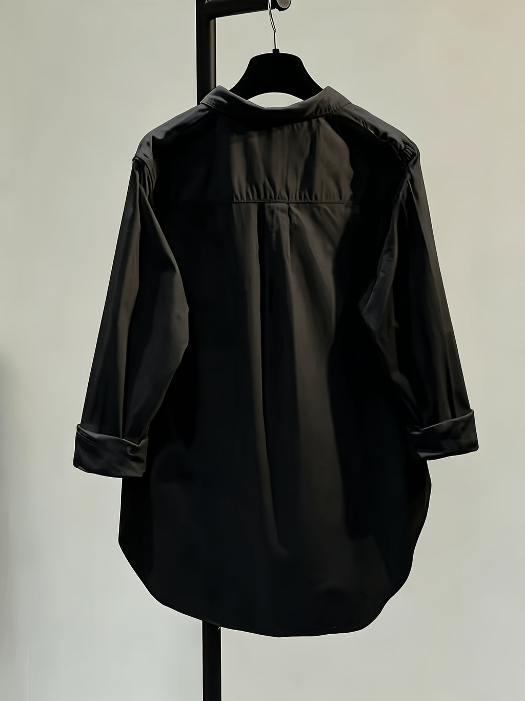Women's Simple and Elegant Shirt Jacket, New Spring/Summer Style, Front Short Back Long, Versatile Loose Fit Casual Long Sleeve Top - Black