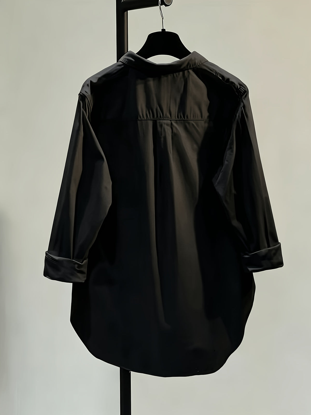 Women's Simple and Elegant Shirt Jacket, New Spring/Summer Style, Front Short Back Long, Versatile Loose Fit Casual Long Sleeve Top - Black