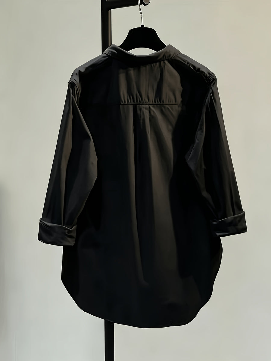 Women's Simple and Elegant Shirt Jacket, New Spring/Summer Style, Front Short Back Long, Versatile Loose Fit Casual Long Sleeve Top - Black