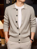 [Starry Prosperity] Autumn Winter Men'S Knit Solid Color Ribbed Open Cardigan Long Sleeve Casual Vertical Striped Lapel Sweater Jacket - Beige Color