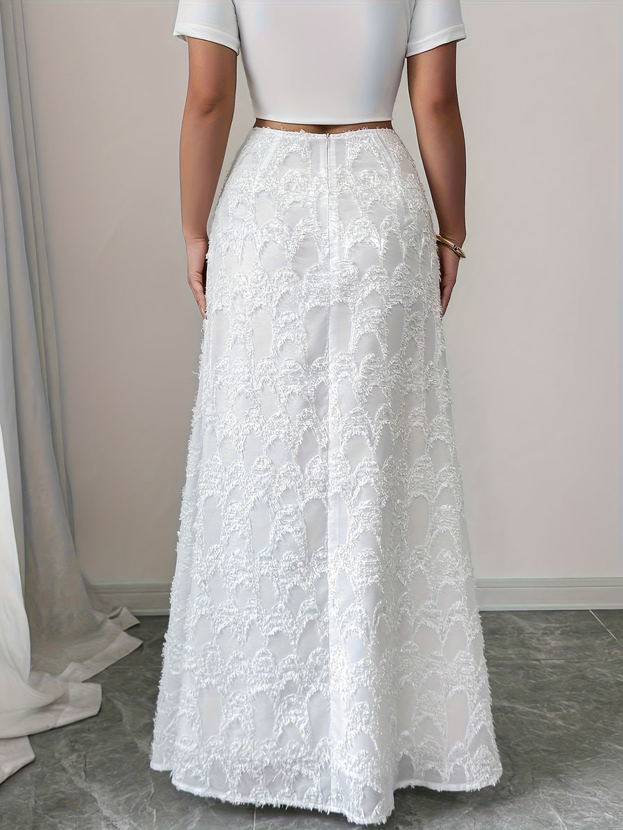 Elegant Women's Casual Solid Color Textured Fabric Lace Trim Skirt, Suitable for Parties - White