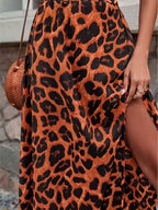 Women'S Fashion Leopard Print Side Slit Midi Skirt Beach Vacation - Red