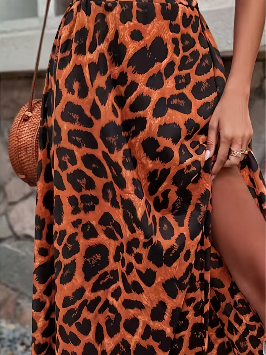 Women'S Fashion Leopard Print Side Slit Midi Skirt Beach Vacation - Red