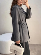 Women's Solid-color Belted Blazer with Single-breasted Design and Belt Detailing - Dark Gray