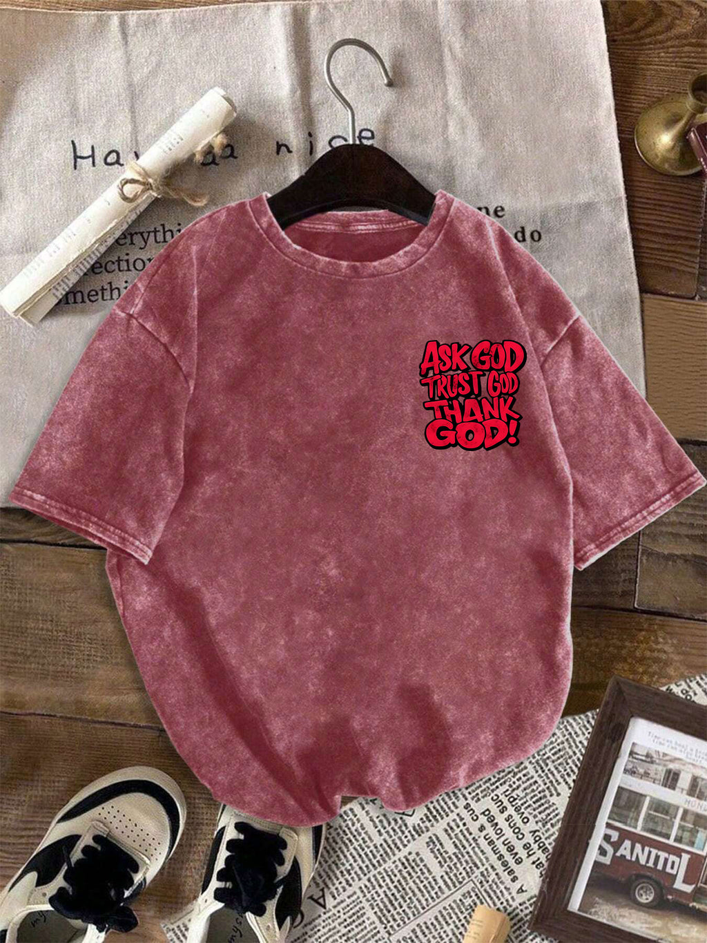 A T-Shirt Featuring a Double-Sided Print with The Phrases 'Ask God, Trust God, Thank God'. This Vintage-Washed, Short-Sleeve Crew-Neck Top Is Ideal for Spring And Summer, Making It a Stylish Choice for Daily Wear And an Excellent Gift for Women - Dusty Rose