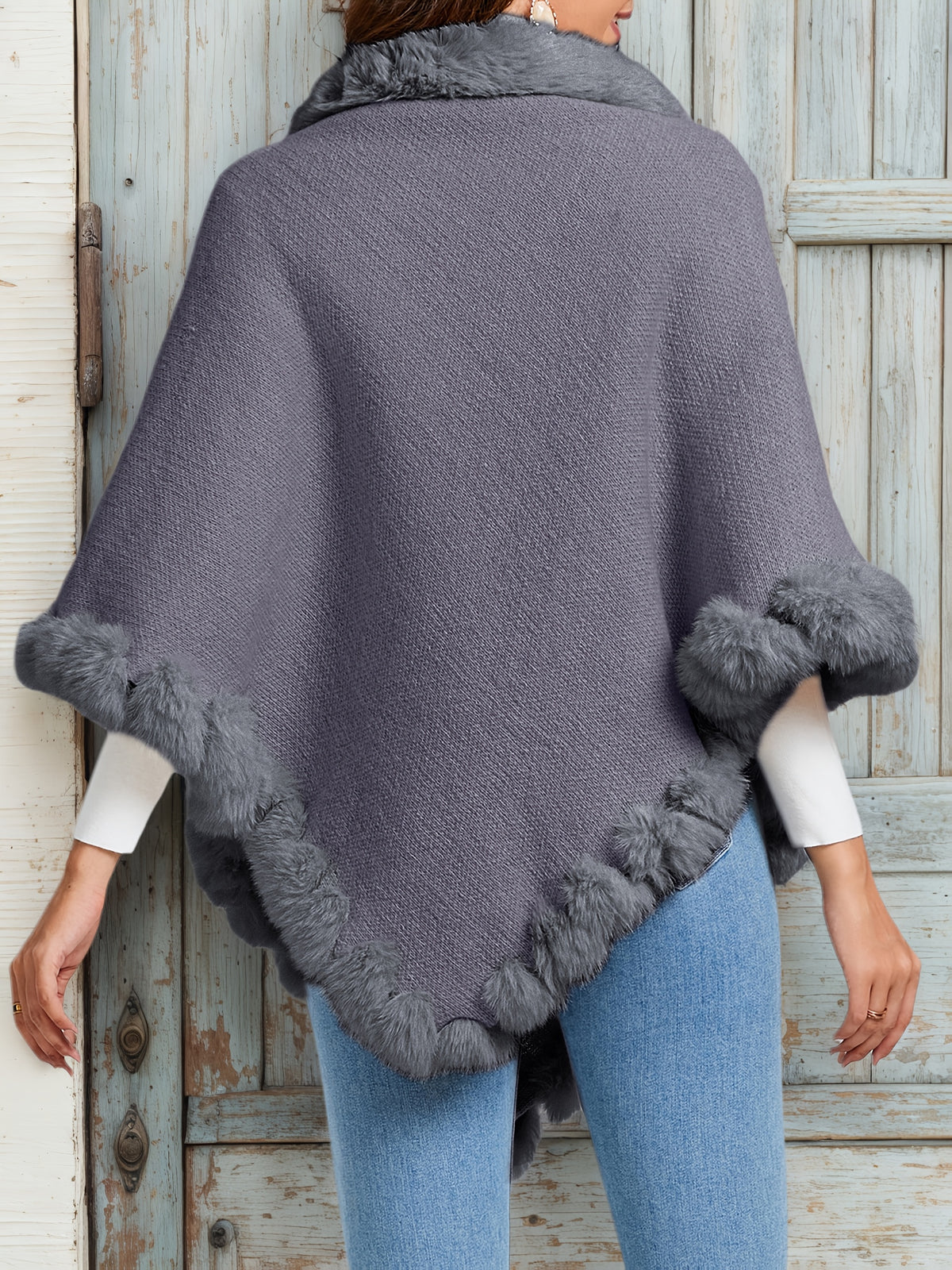 Elegant Special Edition "Pure Body Bust" - 1pc Elegant Women's Solid Color Waffle Shawl Pullover, 100% Polyester Fiber, Faux Trim Collar Patchwork, Stylish and Elegant European/American Style Warm Pullover, Suitable for Autumn/Winter - Grey
