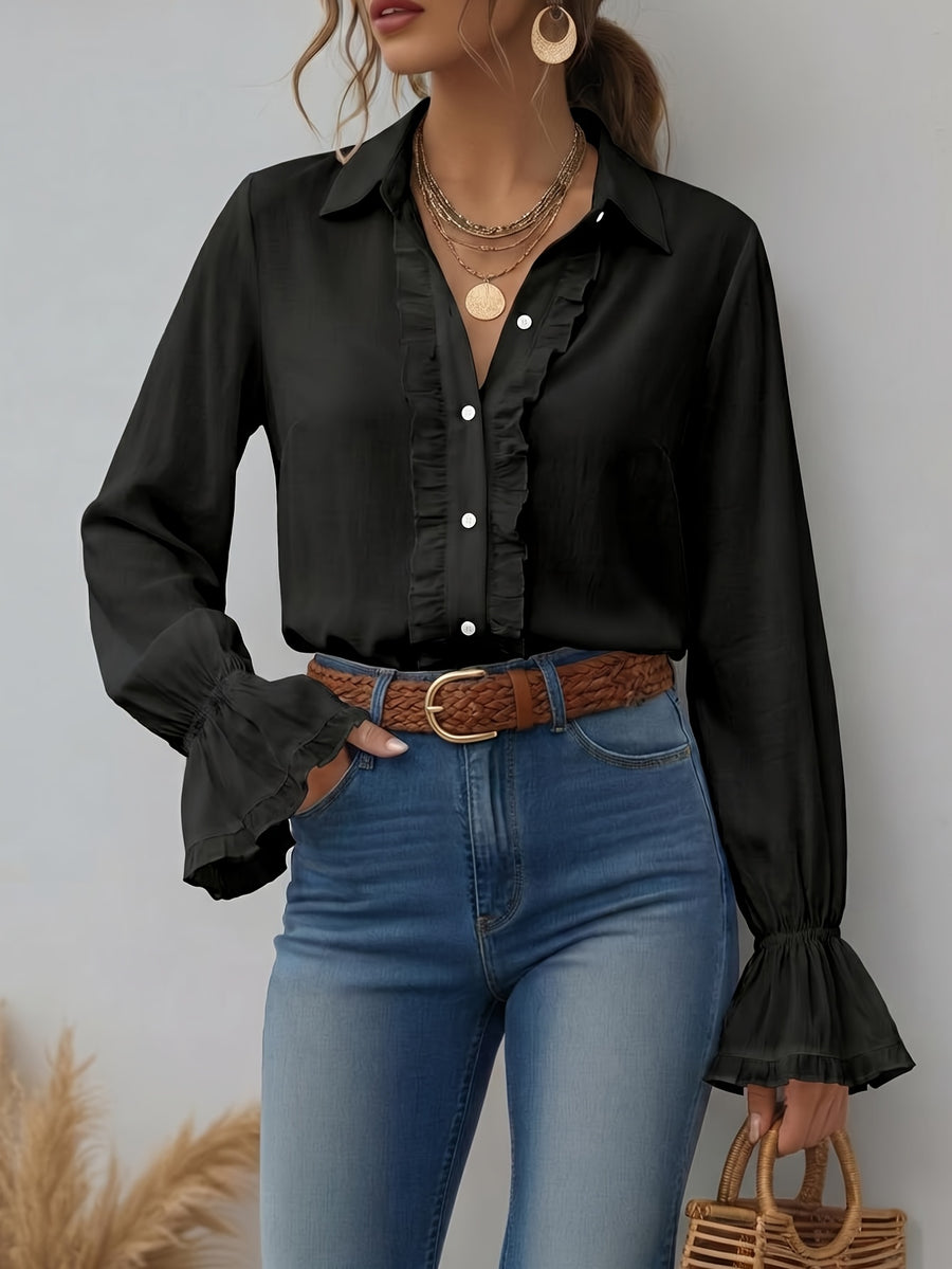 Women'S Solid Elegant Ruffled Button-Up Long Sleeve Shirt - Black