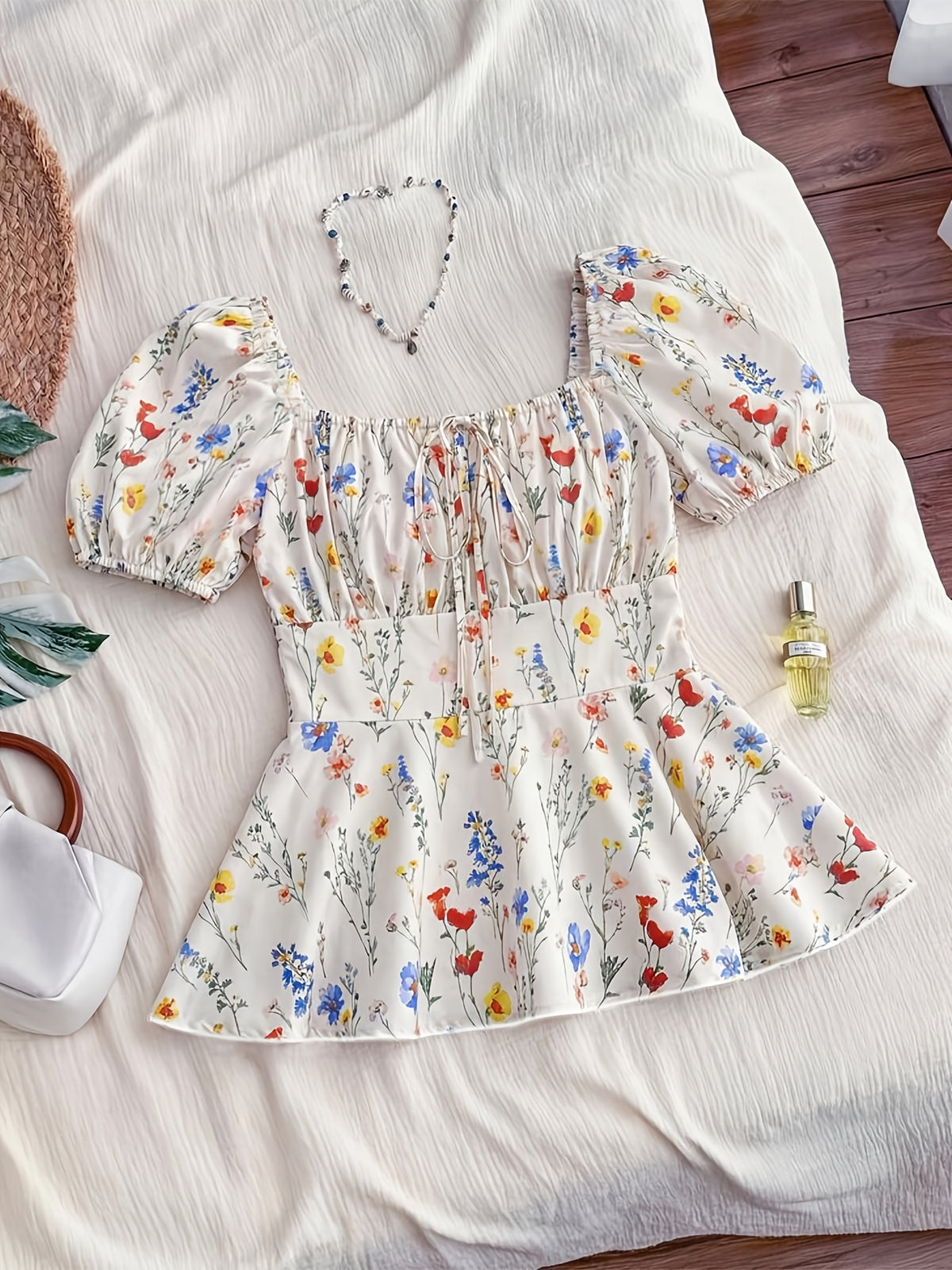 Women's Elegant Casual Series – Vacation Leisure Style Shirt with Random Floral Print on the Front Placket and Tie - Mixed colors