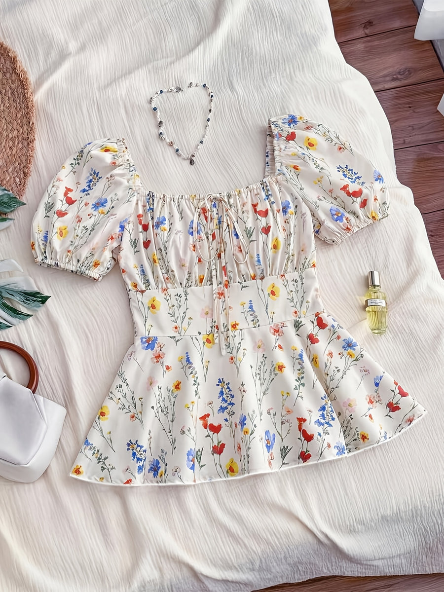 Women's Elegant Casual Series – Vacation Leisure Style Shirt with Random Floral Print on the Front Placket and Tie - Mixed colors