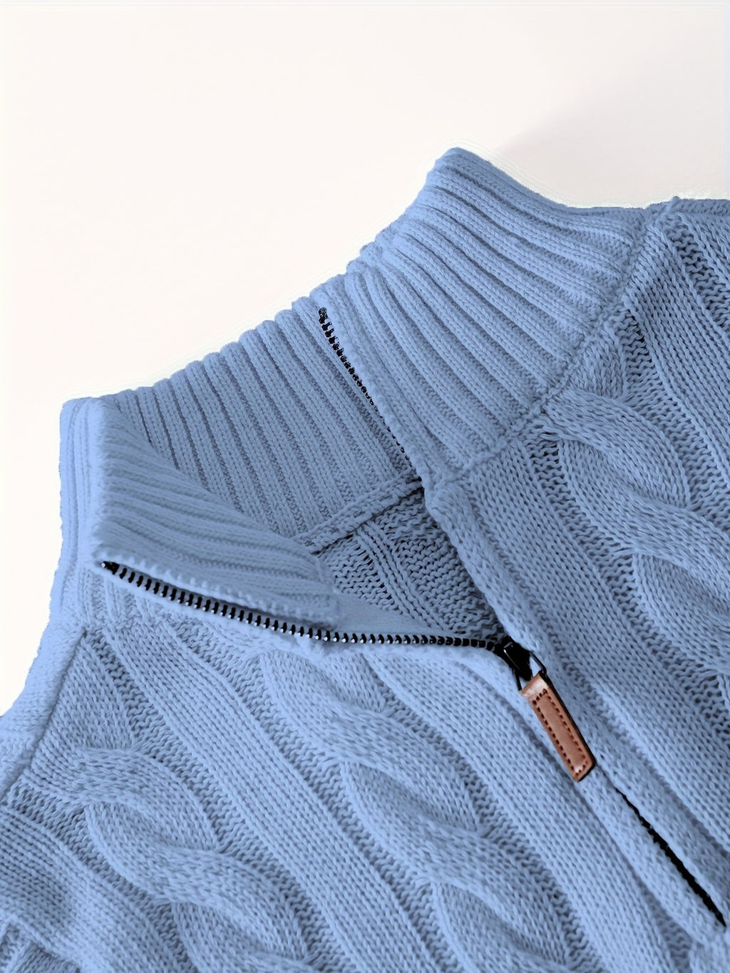 Men's Fashion High-Neck Zipper Twist Knit Sweater, Solid Color Versatile Pullover, Soft Medium-Stretch Fabric, Suitable for Autumn/Winter Office, Date Night, Casual Wear, Ideal as a Gift - Sky Blue