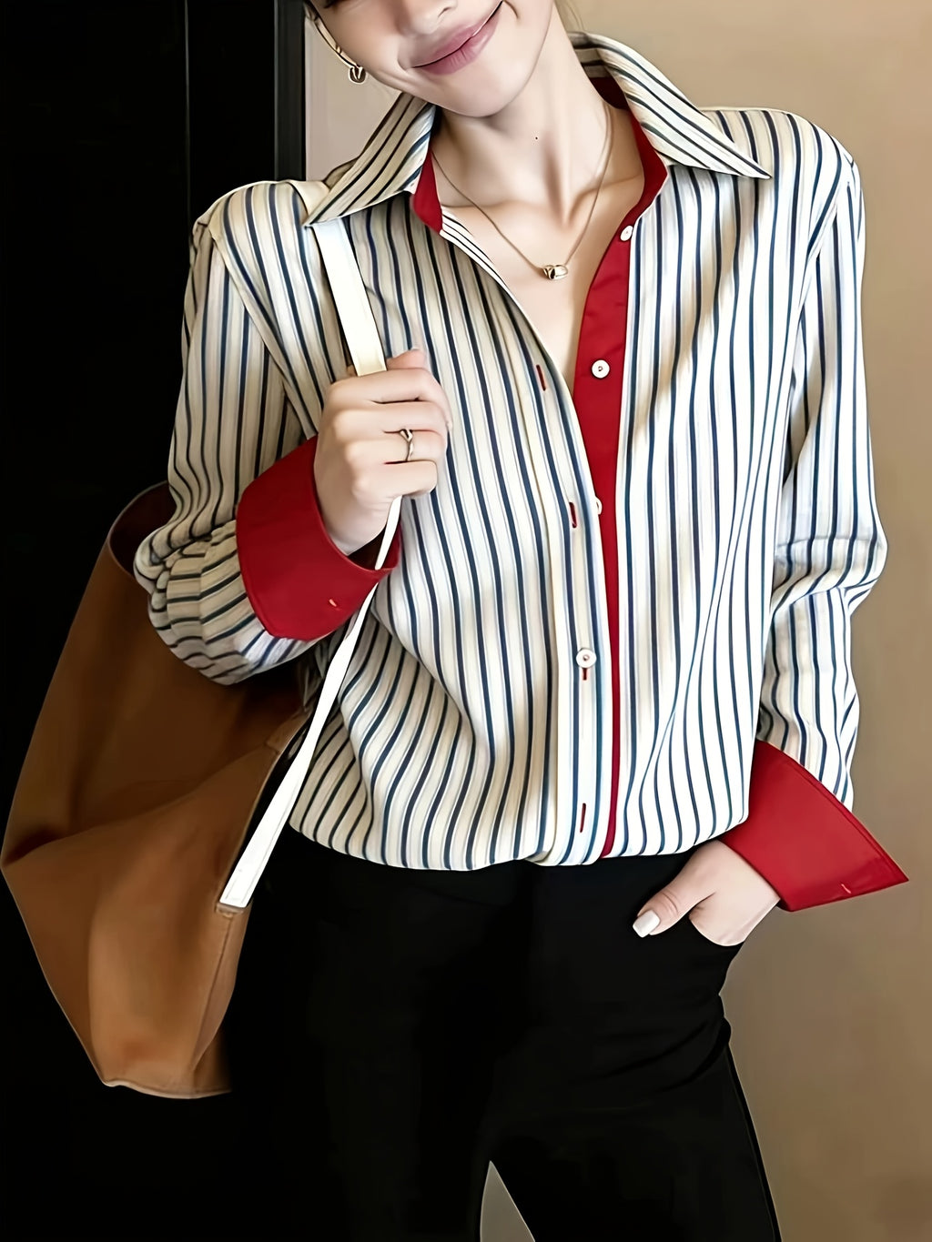 Women's French-Style Cagoule Blouse - Elegant Collar -Front Shirt with Striped Trim, Machine Washable Suitable for Spring Daily Wear, Office & Semi-Formal Outfits, Non-Stretch Blouse Top - Stripe