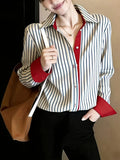 Women's French-Style Cagoule Blouse - Elegant Collar -Front Shirt with Striped Trim, Machine Washable Suitable for Spring Daily Wear, Office & Semi-Formal Outfits, Non-Stretch Blouse Top - Stripe