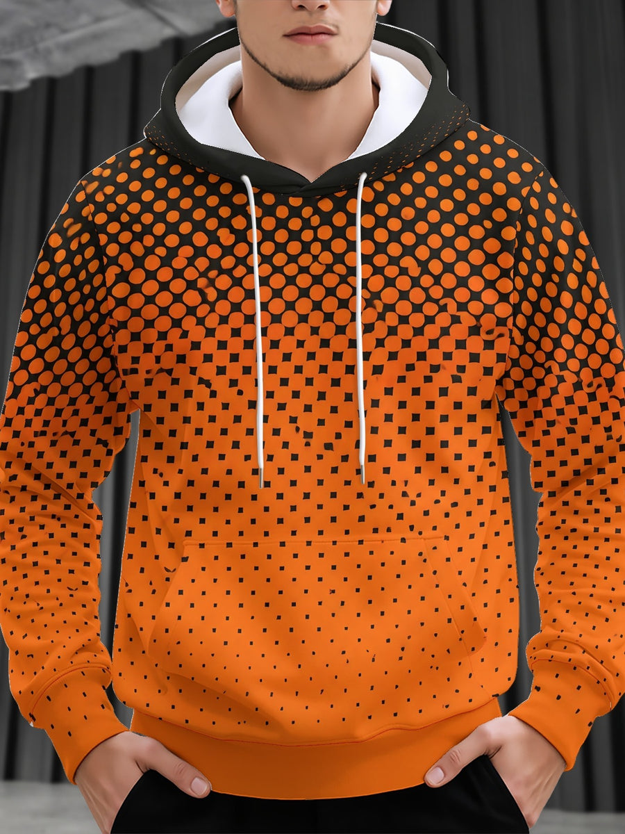 Men's Long Sleeve Pullover Hoodie, Black Orange Gradient Geometric Dot Square Print, Digital Print, Drawstring Hood, Ribbed Cuff Hem, Polyester, Casual, Daily Wear Weekend Leisure, Spring Autumn - Mixed colors