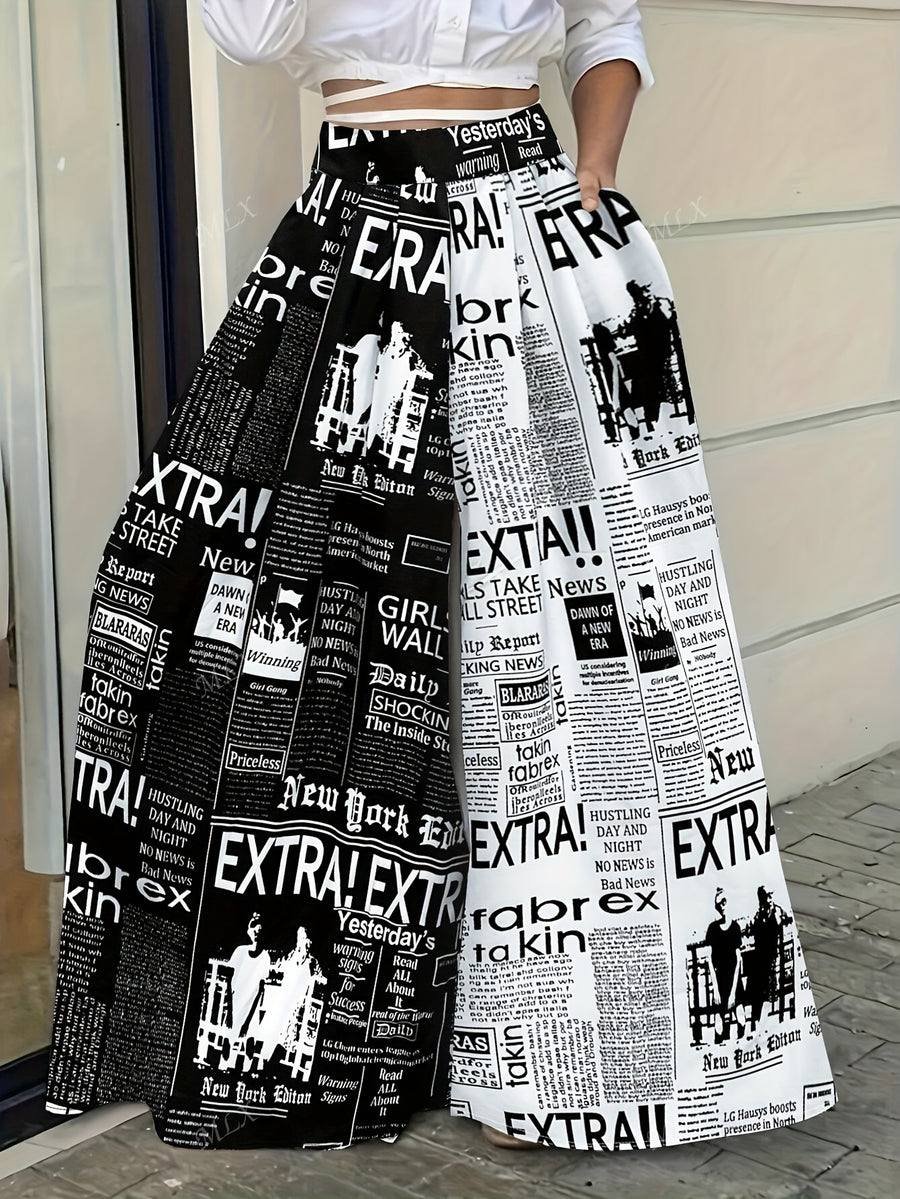 Women's High Waisted Casual Trousers, Vintage Newspaper Print Loose Wide Leg Pants, Elegant Spring Summer Fall Streetwear - Black And White Letters