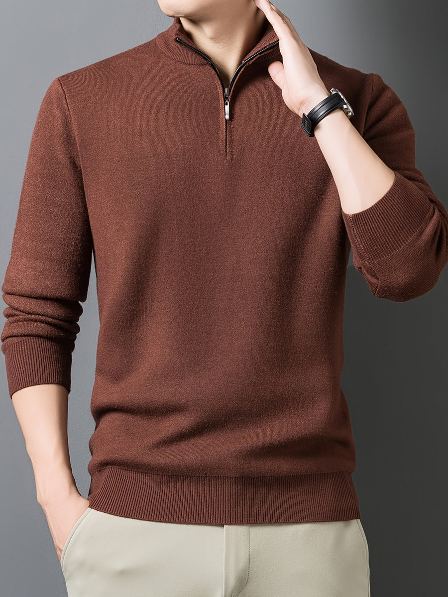 1pc Men'S Solid Color Small Stand Collar Knit Pullover Autumn Winter Zipper Casual Fleece Warm Top - Rust