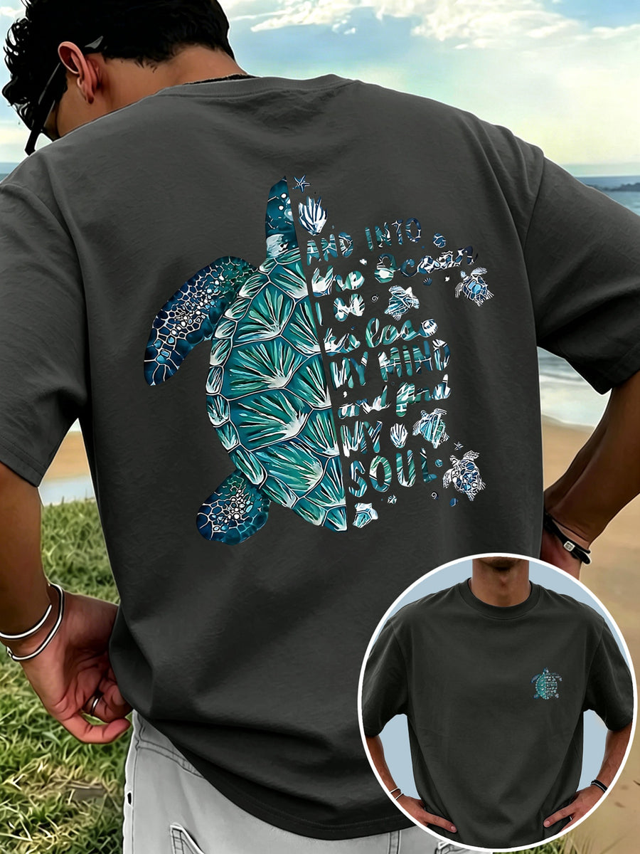 New Men'S 100% T-Shirt with Turtle Print, Comfortable And Breathable for Summer Casual Vacation - Dark Gray