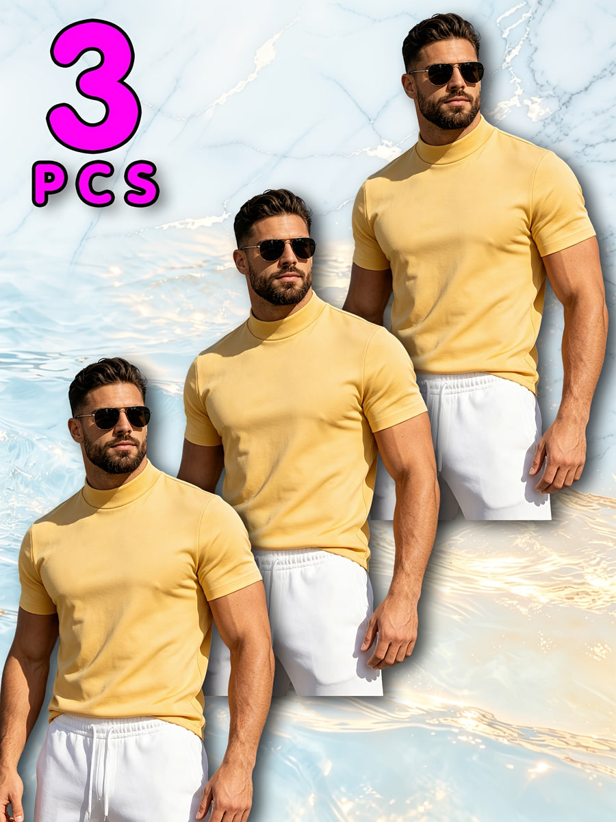 3pcs Fashionable Men's Cotton Sport Tops, Summer/Spring-Summer New Arrival, Skin-Friendly, Small Stand-Up Collar, Short Sleeve, Slim Fit, Casual, Men's Trendy, Versatile, and Simple Style - Mixed Color 3