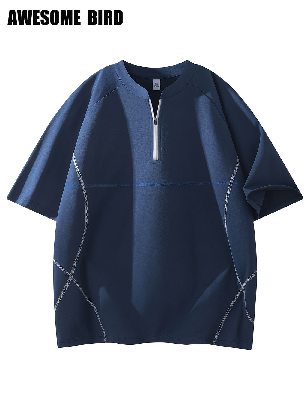 American Summer Couple Lightweight Quick-Drying Color-Blocking Half-Zip Raglan Sleeve Sports Short-Sleeved T-Shirt Men'S Training - Navy Color