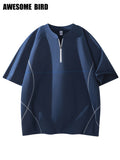 American Summer Couple Lightweight Quick-Drying Color-Blocking Half-Zip Raglan Sleeve Sports Short-Sleeved T-Shirt Men'S Training - Navy Color