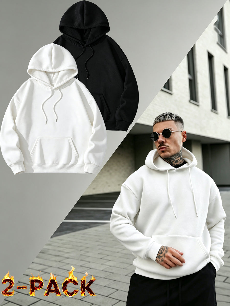 2PIECESMen's Solid Color Drop-shoulder Long-sleeve Drawstring Pocket Casual Outdoor Street Fashion Hoodie, Suitable for Autumn and Winter, Back-to-school Season - Black+Light White
