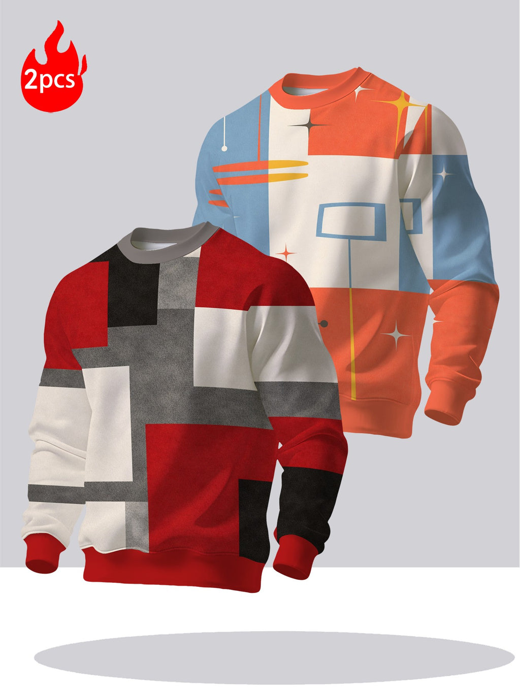 2pcs Men'S Round Neck Sweatshirt Set - Casual Print Top, Outdoor Leisure Style Round Neck Sweatshirt, Basic Versatile Style with Print - Mixed colors