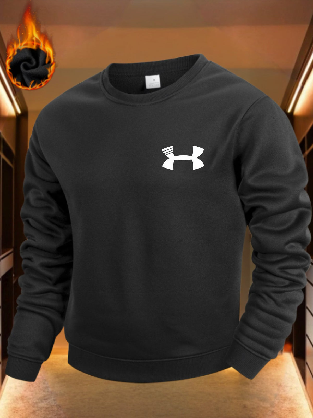 Sporty Style, Men's Crewneck Sweatshirt, White Logo Print, Fleece Lined Warm Fabric, Casual Wear Gym Use, Gift for Him Boyfriend Husband - Black
