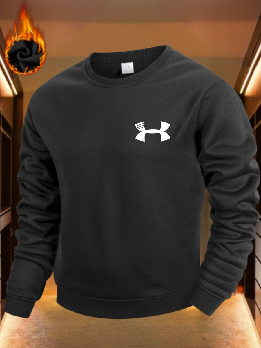 Sporty Style, Men's Crewneck Sweatshirt, White Logo Print, Fleece Lined Warm Fabric, Casual Wear Gym Use, Gift for Him Boyfriend Husband - Black