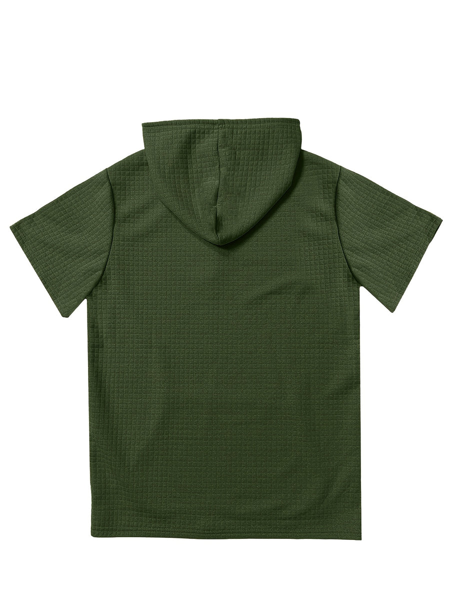 2pcs Men's Waffle Knit Short-Sleeve Hoodie with Kangaroo Pocket, Soft and Breathable Fabric, Multiple Color Options, Versatile, Simple, Stylish, and Casual for Daily Wear or Sports, a Great Choice for Holiday Gifts for Fathers, Partners, and Friends - Army Green+Khaki