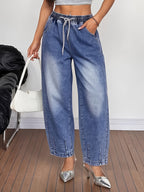 26AW Women's Fashion New Style Cropped Tapered Non-Stretch Jeans with Drawstring Elastic Waistband, High-End Washed Finish, Casual and Stylish Design, Suitable for All Seasons - Medium Blue
