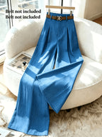 Women's High-Waisted Wide- Trousers - Loose-Fit Solid Color Pants Suitable for Daily Wear & Vacation, Beltless Spring/Summer Style for Office, Casual Outfits - Machine Washable Elegant Trousers - Deep Sky Blue