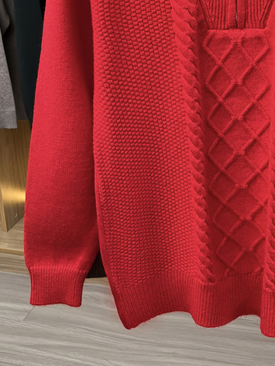 Men'S Thickened Semi-Open Zipper Stand Collar Knit Sweater, Ribbed Cuffs And Hem, Autumn/Winter Style, Single Wear And Layering, Light Mature Business Casual Style - Bright Red