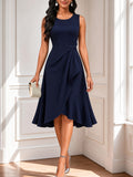 Summer Fashion Simple Women's Round Neck Sleeveless Cinched-waist Crossover Irregular Ruffle Mid-length Dress, Suitable for Formal Occasions Such as Business Banquets and Wedding Parties - Navy Color
