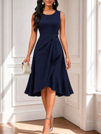 Summer Fashion Simple Women's Round Neck Sleeveless Cinched-waist Crossover Irregular Ruffle Mid-length Dress, Suitable for Formal Occasions Such as Business Banquets and Wedding Parties - Navy Color