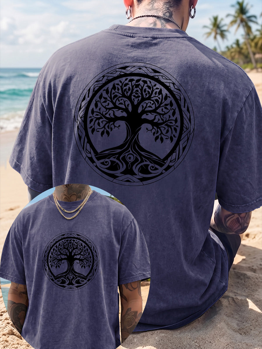 Short Sleeve T-Shirt Men'S Loose Washed Distressed Tree of Life Round Totem Trendy Double-Sided Print 12 Colors Random Match American Street High Street Hip-Hop Top Casual Outing Commuting Sports Fitness Couple Style Statement Y2K National Trend Sho - Royal Blue