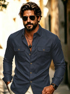 Men's Practical Workwear Shirt, Oxford Cloth Material, with Two Front Pockets and Bronze-colored Buttons, Meticulously Stitched, Loose Fit, Men's Casual Outdoor Shirt, Old-money Style Top, Smart Casual - Navy Color