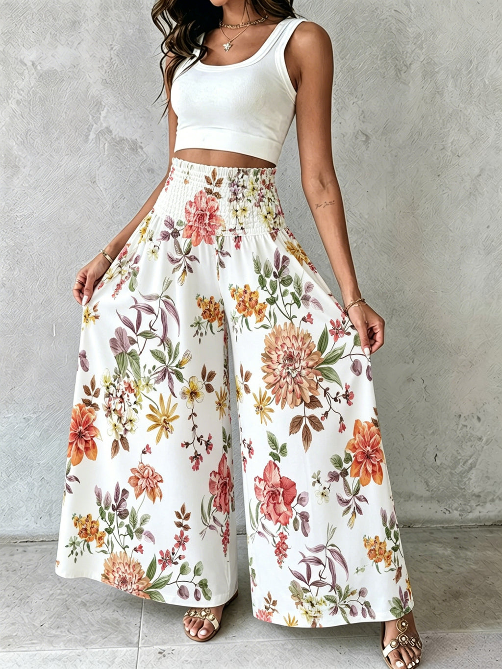 Women'S Floral Print Wide-Leg Pants High-Waist Ruched Waist Bohemian Style Long Trousers Flowy Vacation Pants - Multicololr 6
