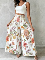 Women'S Floral Print Wide-Leg Pants High-Waist Ruched Waist Bohemian Style Long Trousers Flowy Vacation Pants - Multicololr 6