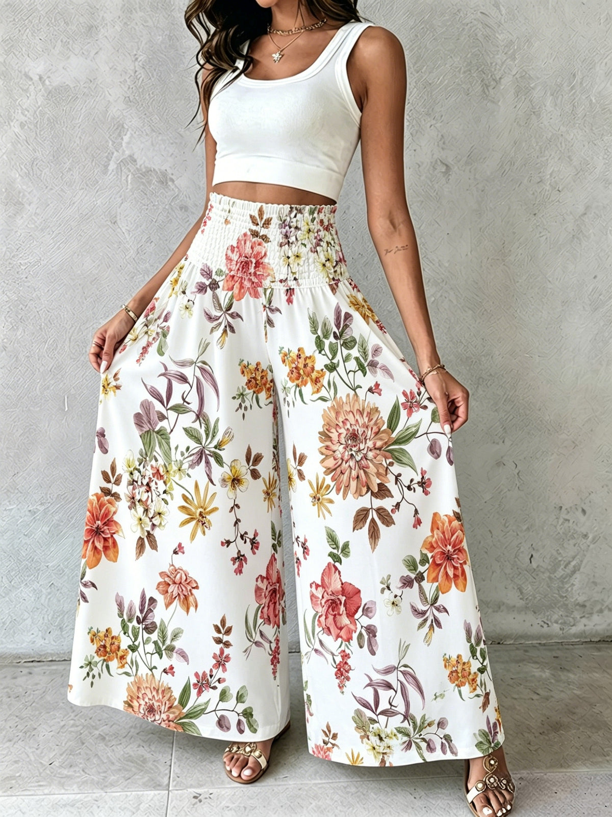 Women'S Floral Print Wide-Leg Pants High-Waist Ruched Waist Bohemian Style Long Trousers Flowy Vacation Pants - Multicololr 6