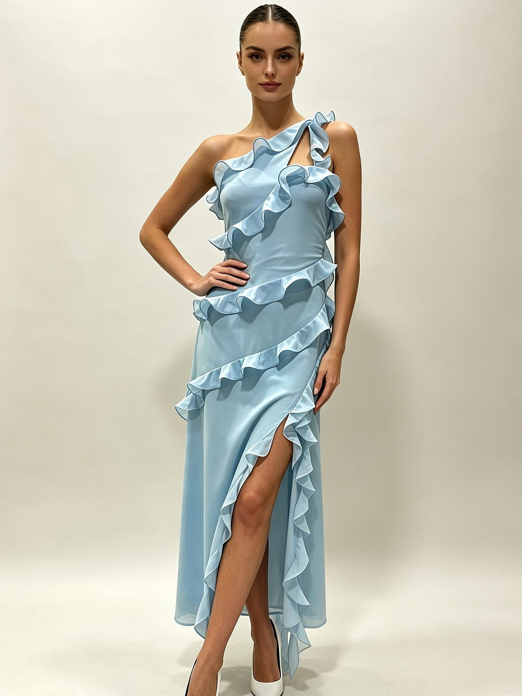 Asymmetrical Hem Dress, Birthday Party Dress, Elegant Slimming Style, Cocktail Dress, Graduation Ceremony Dress, Coming-of-age Birthday Gift, Evening Gown, Party Dress, Chiffon Dress, Spaghetti Suspender Dress, Annual Meeting Dress, Toasting Dress. - Sky Blue