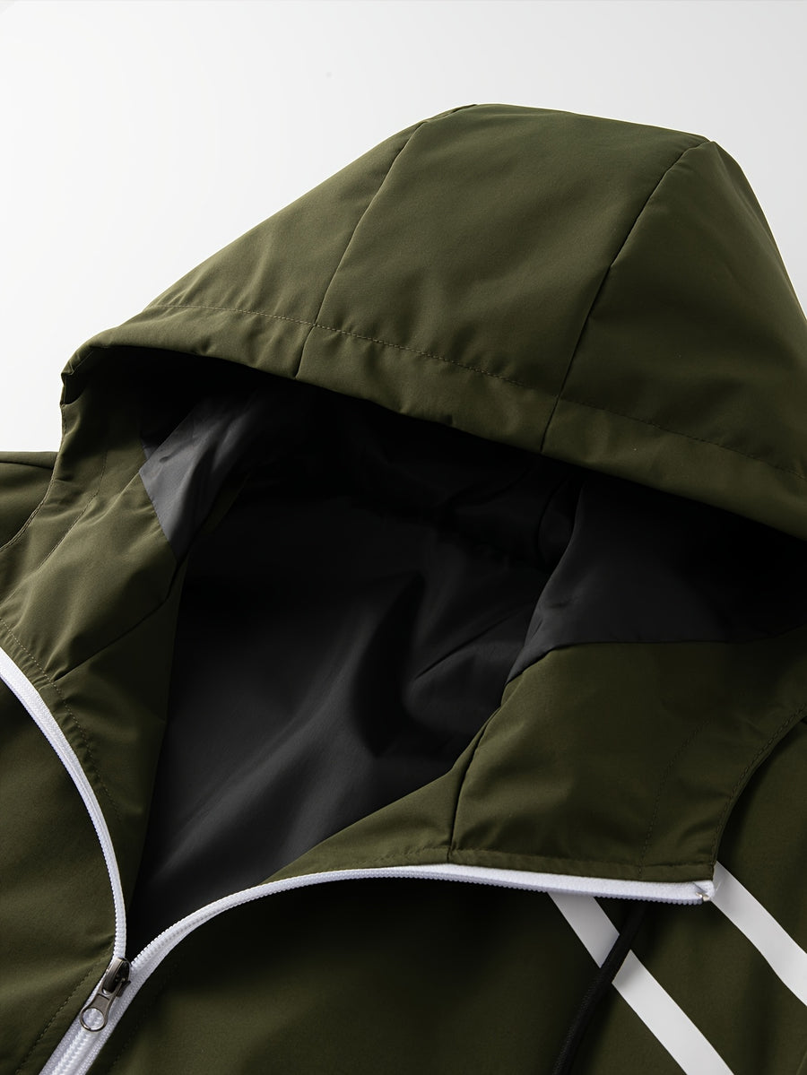 Men'S Multi-Color Racing Style Reflective Stripe Hooded Jacket, And Wear-Resistant Fabric, Multi-Pocket Design, Street Techwear Style, Casual Outing And Commute - Tactical Green