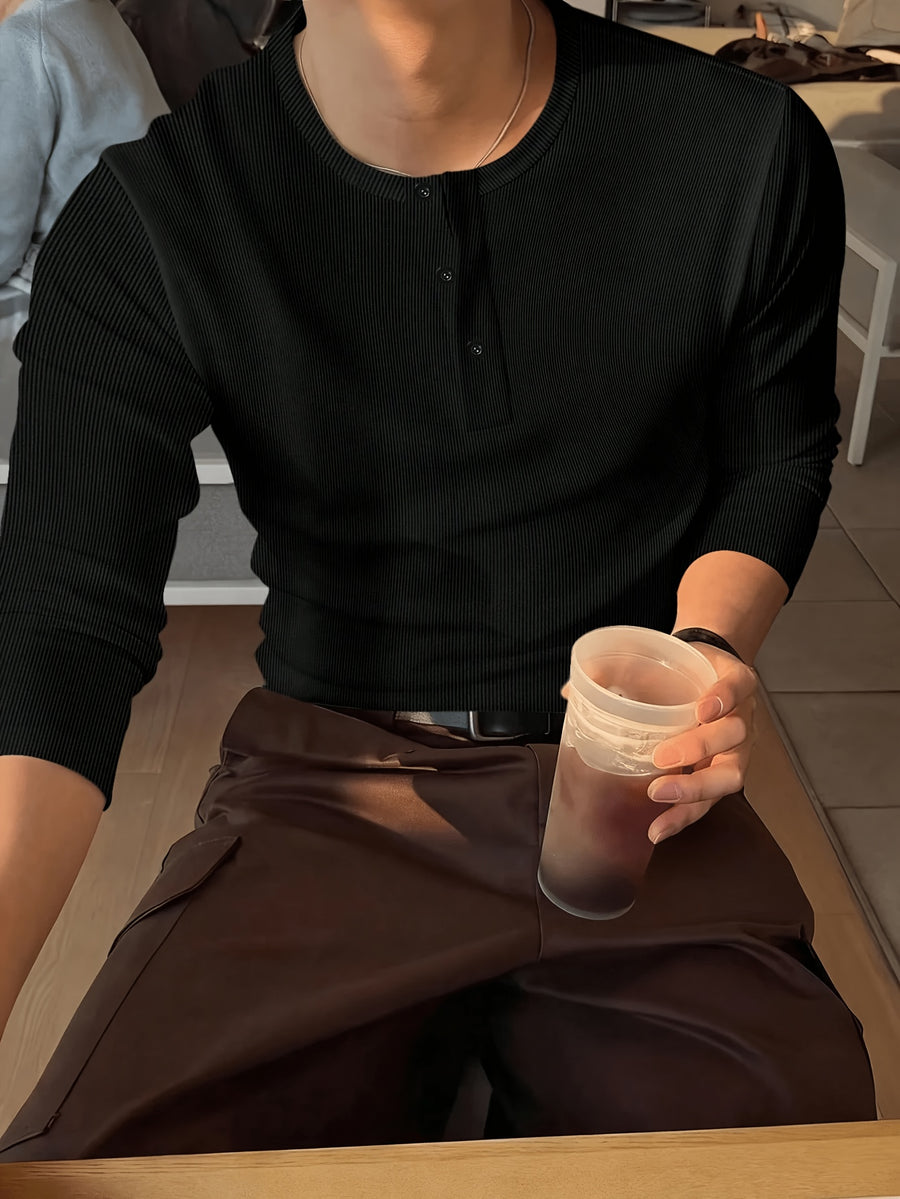 New Men'S Casual Classic Ribbed Texture Henley Collar Lightweight All-Match Long Sleeve Spring Autumn Business Casual Single Button New - Black